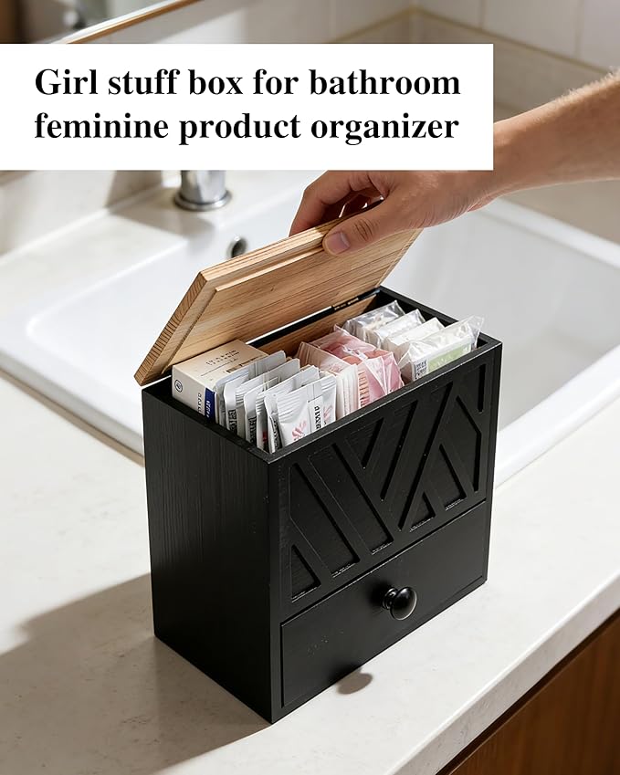 Tampon Holder for Bathroom Decor Feminine Product Organizer With Lid & Drawer Shark Week Box Girl Stuff (1, BLACK)