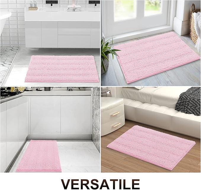 Grandaily Chenille Striped Bathroom Rugs 47x24, Extra Thick and Absorbent Bath Mats, Non-Slip Soft Plush Shaggy Shower Carpet, Machine Wash Dry, Bath Rug for Bathroom, Pink