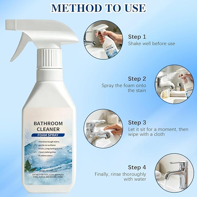 Scale Remover Bathroom Cleaner Foam Spray, Powerful ScaleRemover, All-Purpose Scale Remover Bathroom Cleaner, Suitable for Tiles, Glass, Stainless, Steel, Acrylicand Natural Stone