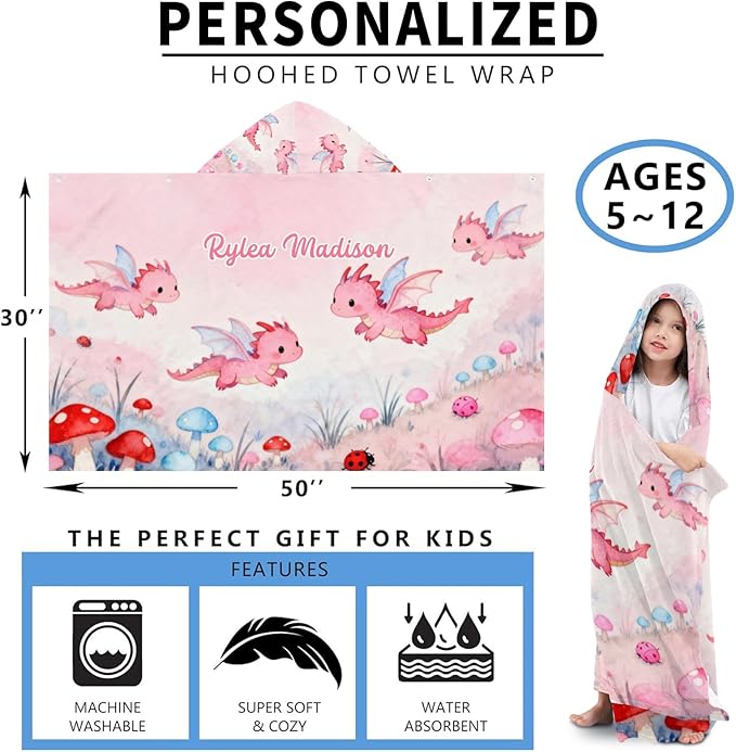 Pink Dragon Mushroom Personalized Hooded Towel Absorbent Wrap Soft Pool Beach Bath Towels Hood Poncho for 5-12 Years Kids Boys Girls
