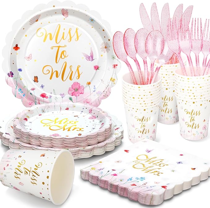 Wildflower Bridal Shower Decorations, Bridal Shower Plates and Napkins Sets 168Pcs, Miss to Mrs Wildflower Plates Serves 24, Love is In Bloom, Wedding Shower, Engagement Party