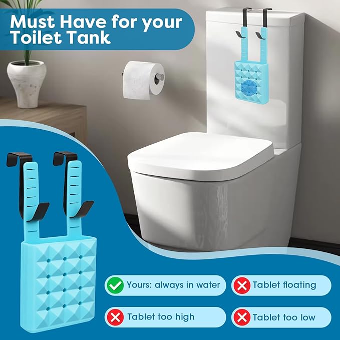 Adjustable Toilet Tank Cleaning Tablet Holder-Hanging Silicone Basket Carrier with Rustproof Hooks for Bowl Cleaner & Bleach Tablet Case Pouch Organizer, Accessory Fit Up to 7" Water Level