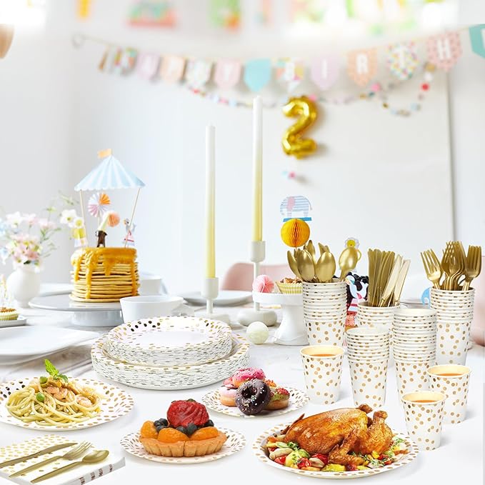 Lzerking Party Supplies Set - 210 Pieces of White and Gold Dot Paper Plates, Cups, Napkins, and Heavy Duty Silverware for 30 Guests for Birthdays, Graduation, Wedding, Festivals