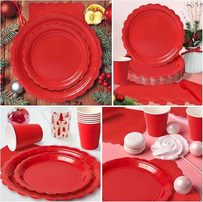 Vyntra 350 Pcs Red Disposable Paper Plates and Napkins Set for 50, 9" Dinner Plates & 7" Dessert Plates, Tableware for Christmas, Valentine’s Day, Birthday, Party