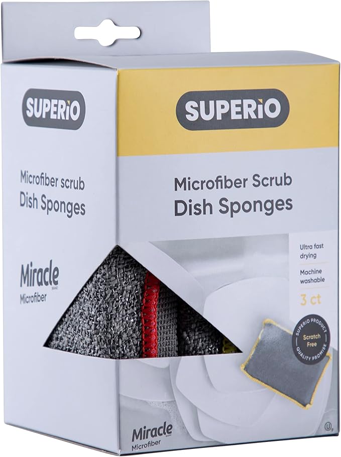 Miracle Microfiber Sponges for Kitchen Kosher Non-Scratch Sponge Scrubber Heavy Duty Multi-Purpose Cleaning of Dishes, Pots, Pans, and Countertops, Machine Washable, 6 Pack, by Superio (Grey)