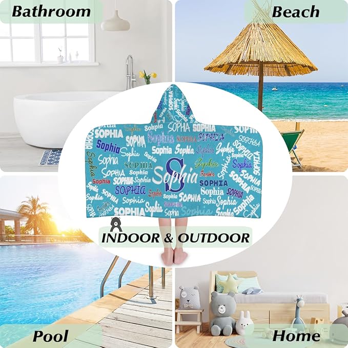 Custom Name Kids Hooded Bath Beach Towel Girls Boys, Swim Pool Cover Up Absorbent 50in x 24in, One Size, Wrap Bath Towels Beach Poncho, Sky Blue Solid Color