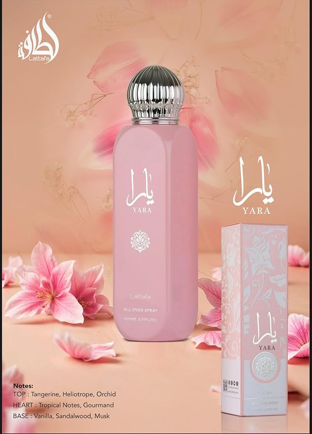 Lattafa Yara All Over Spray 150ml (5.07 oz) – Floral Scent for Women | Tangerine, Heliotrope, Gourmand Accord & Sandalwood | Long-Lasting Fragrance for Body, Hair & Clothes