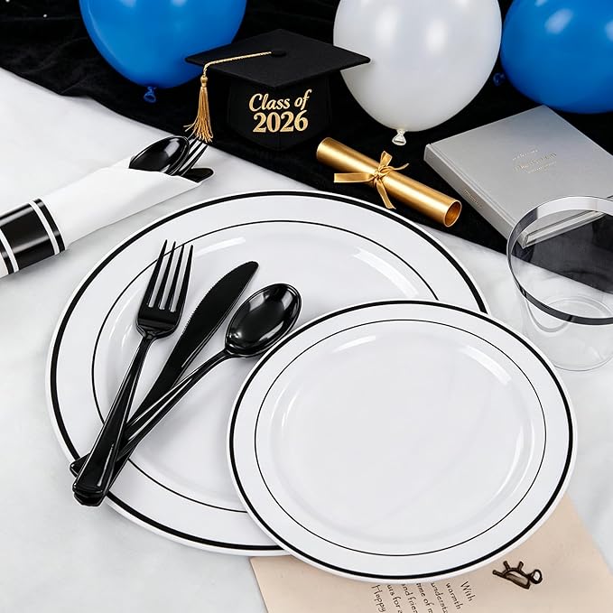 WELLIFE 210Pcs Black Plastic Dinnerware with Pre Rolled Napkins, Include:30 Dinner Plates, 30 Dessert Plates, 30 Paper Napkins, 30 Cups, 90 Plastic Cutlery