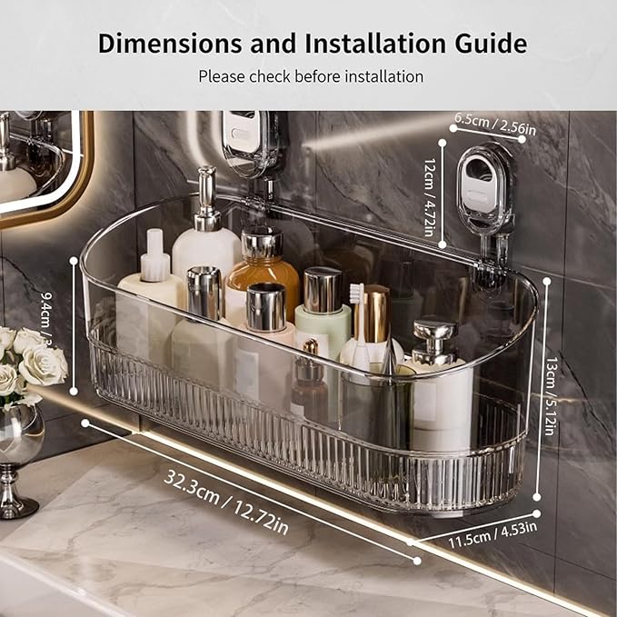 DDRIC No-Drill Bathroom Suction Storage Box, Large Capacity Bathroom Hanging Suction Storage Box with Strong Load Bearing, Removable Suction Cup Shower Caddy Organizer for Wall (2PCS-F)