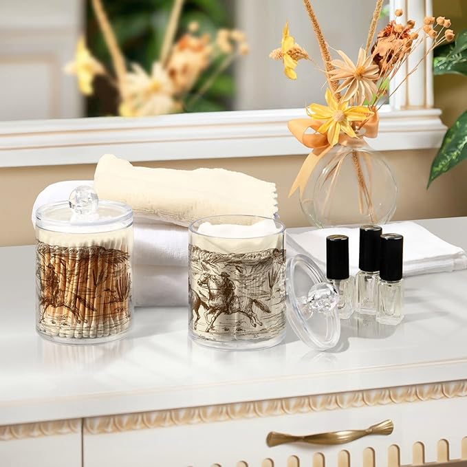 Blueangle 2PCS American West Cowboy Qtip Holder Dispenser with Lids - Apothecary Jar Containers for Vanity Organizer Storage - Plastic Food Storage Canisters