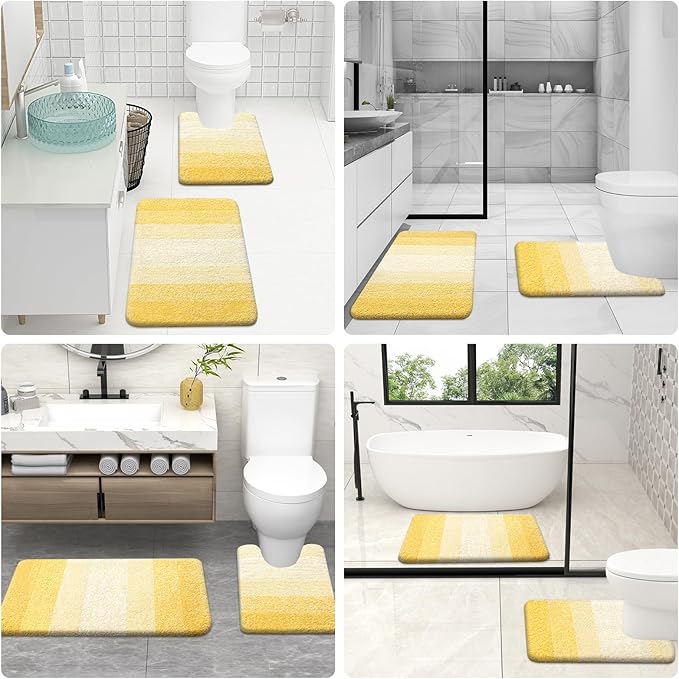 OLANLY Bathroom Rugs Sets 3 Piece, Soft Absorbent Microfiber Bath Mats and U-Shaped Contour Toilet Rug, Plush Shaggy Bath Mat Set for Bathroom (30"x20"+24"x16"+24"x20", Yellow)