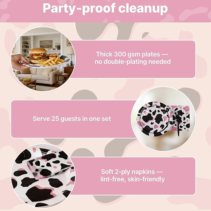 100 Pcs Cow Party Supplies for 25 Guests, Heavy-Duty 7" & 9" Paper Plates, 2-Ply 13" Napkins & Plastic Forks, Disposable Tableware Set for Cow Birthday, Farm and Western Party