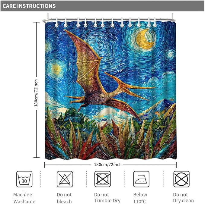 Shower Curtain Dinosaur Kids Bathroom Funny Bath Decor Blue and Yellow with 12 Hooks 72x72 Inches