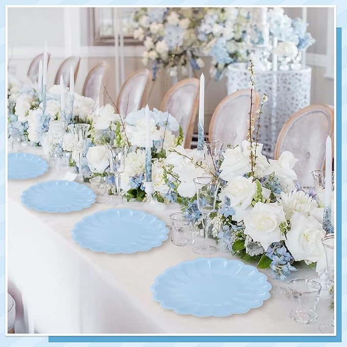 NatNarr 30 Pcs Light Blue Paper Plates 9.5 In Blue Plates Disposable Heavy Duty Scalloped Party Plate with Shell Edge for Wedding Birthday Bridal Shower Boy Baby Shower