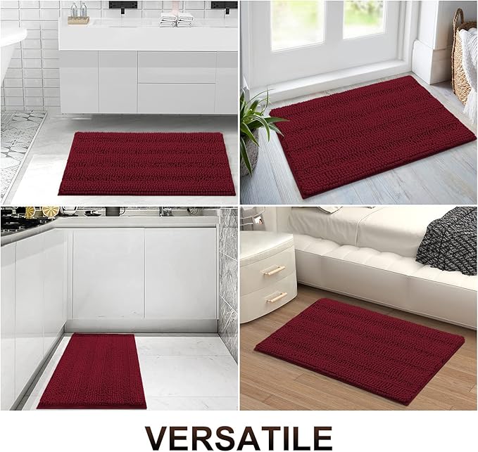 Grandaily Chenille Striped Bathroom Rugs 47x20, Extra Thick and Absorbent Bath Mats, Non-Slip Soft Plush Shaggy Shower Carpet, Machine Wash Dry, Bath Rug for Bathroom, Burgundy