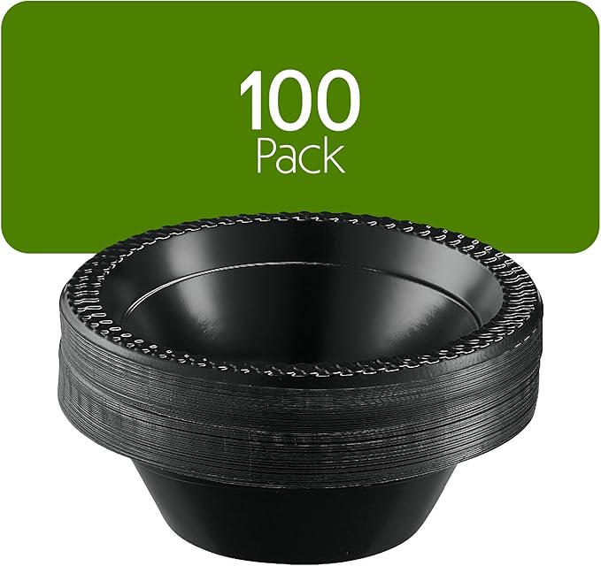 PLASTICPRO 100 PCS Black Plastic Bowls Light Weight 12 oz Plastic Soup Bowls Black Salad Plates Disposable for Party and Wedding