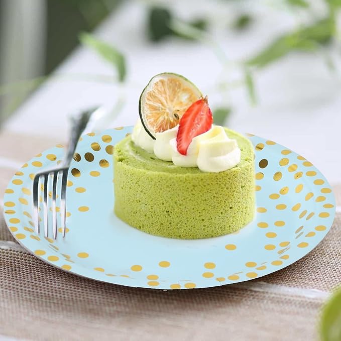 Blue and Gold Paper Plates,7INCH Blue Dessert Plates for Appetizers,Cakes,Salads and Fruits,Suitable for Baby Shower,Birthday,Wedding,Bridal Showers,Anniversary(100 PCS)