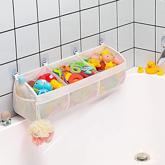 Bath Toy Storage Organizer for Tub β 3 Compartment Bath Toy Organizer, Large Quick-Drying Mesh Bath Toy Holder, Bathroom Toy Storage for Kids, Toddler & Baby Bathtub Toy Organizer with Strong Hooks
