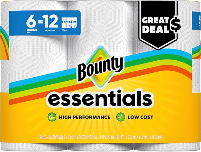 Bounty Essentials Select-A-Size Paper Towels, 6 Double Rolls, White, 108 Sheets Per Roll