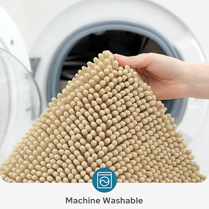BYSURE Beige Bathroom Rugs Sets 3 Piece Non Slip Extra Absorbent Plush Chenille Soft Washable Bath Mats