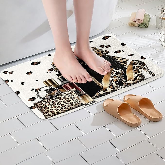 Brown Leopard Bowknot Kids Bath Mats,High-Heeled Shoe Perfume Lipstick Mats Rugs for Girls,Princess Beauty Cheetah Bath Carpets,Modern Fashion Bath Rugs,Absorbent Floor Mats,20Wx32L Inches
