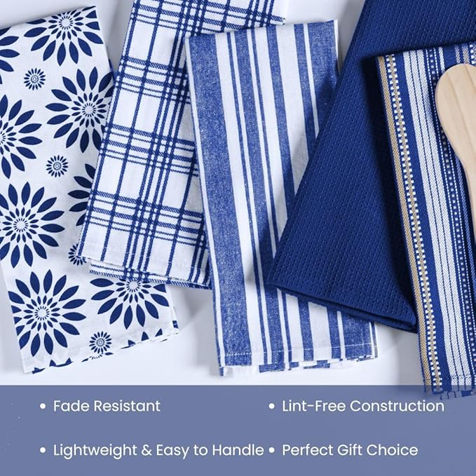 Assorted Kitchen Towels Large 16x26 inch 100% Cotton Set of 5 - Soft Absorbent Washable Tea Towel for Kitchen - Dish Cloths Towel with Hanging Loop - Quick Drying Dish Towels Blue