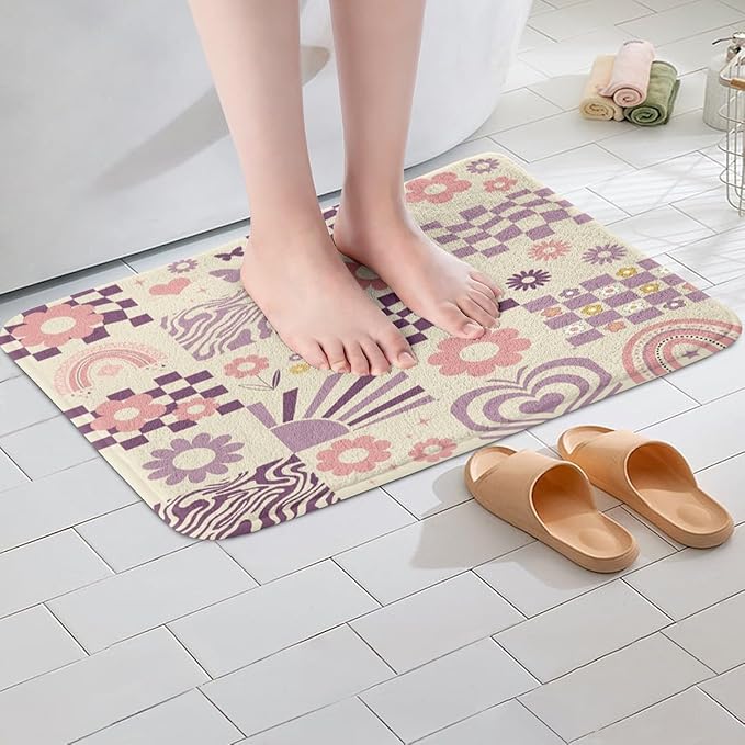 Cute Daisy Flowers Kids Bath Mats,Geometric Plaid Checkered Patchwork Checkerboard Mats Rugs for Girls,Rainbow Stripe Grid Bath Carpets,Purple Bath Rugs,Absorbent Floor Mats,16Wx24L Inches
