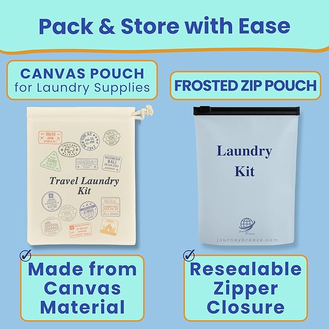 Travel Laundry Detergent Sheets Kit – Laundry Detergent Sheets 50-Count + Lightweight Travel Clothesline & Universal Sink Stopper with Canvas Bag and Frosted Zip Pouch for Hotels, Cruises & Trips