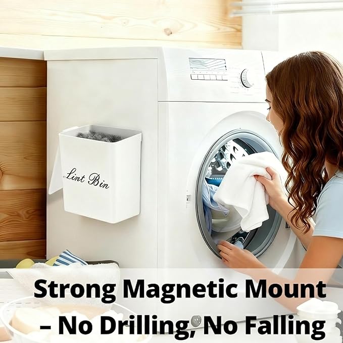 Artilife Magnetic Plastic Lint Bin with Lid for Laundry Room, 6 X 5 Inch Compact Wall Mount Lint Holder for Dryer, Small White ABS Trash Can for Dryer Lint and Sheets