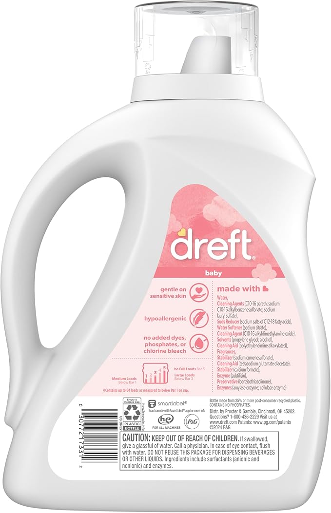 Dreft Baby Liquid Laundry Detergent, Gentle on Sensitive Skin Laundry Soap, 84 fl oz, 64 Loads (Packaging May Vary)