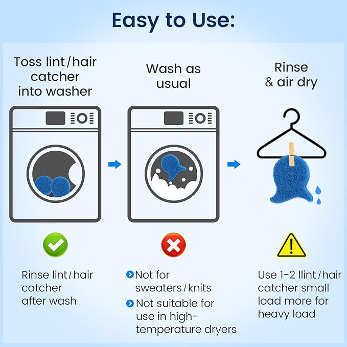 Pet Hair Remover for Laundry, Reusable Dog & Cat Fur Catcher Tool, Effectively Removes Pet Hair, Lint and Dander from Bedding and Clothing, Suitable for Washing Machines, Dryer (Blue)