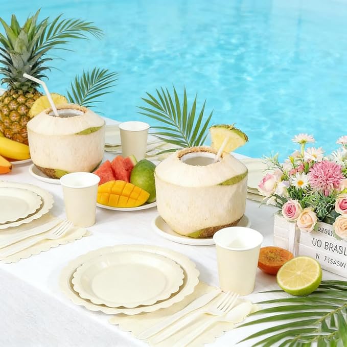 168 Pcs Ivory Paper Plates and Napkins Set, Tableware Set for 24 Guests Include Scalloped Cream Plates Napkins Cups Plastic Cutlery for Baby Shower, Wedding, Bridal Shower