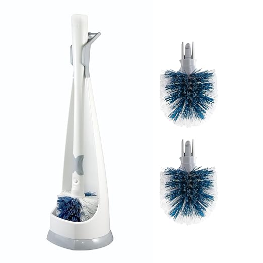 Unger No-Drip Toilet Brush Set with 2 Replacement Toilet Brush Heads - Flexible Neck Bathroom Cleaning Tool with Portable Caddy Holder, Discreet Bowl Scrubber Accessory Set