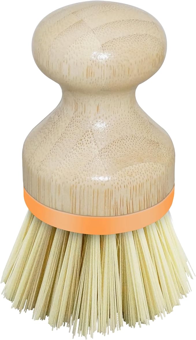 OGGI Natural Bamboo Dish Brush - Round Palm Dish Brush, Non-Scratch, Odorless Nylon Bristles, Durable Scrub Brush for Grease & Grime, Safe Cleaning Brush for Non-Stick Cookware - Orange Accent Color