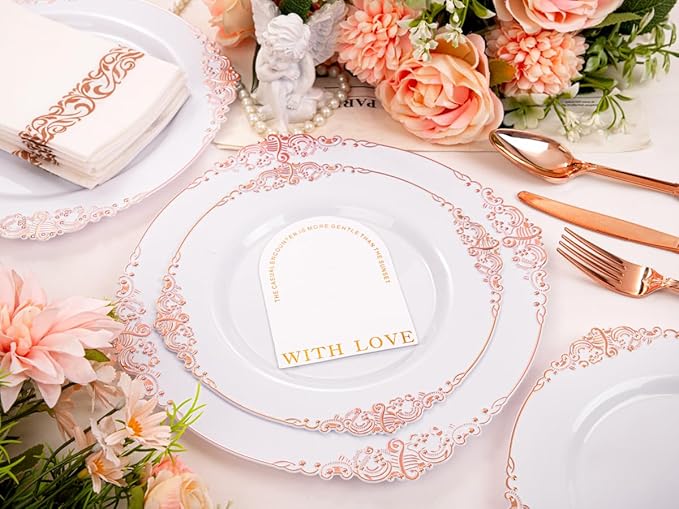 Morejoy 175PCS Rose Gold Plastic Plates & Plastic Silverware inculdes: 25 Dinner Plates,25 Dessert Plates, 25 Forks,25 Knives, 25 Spoons, 25 Cups,25 Napkins Perfect for Wedding & Party & Mother's Day