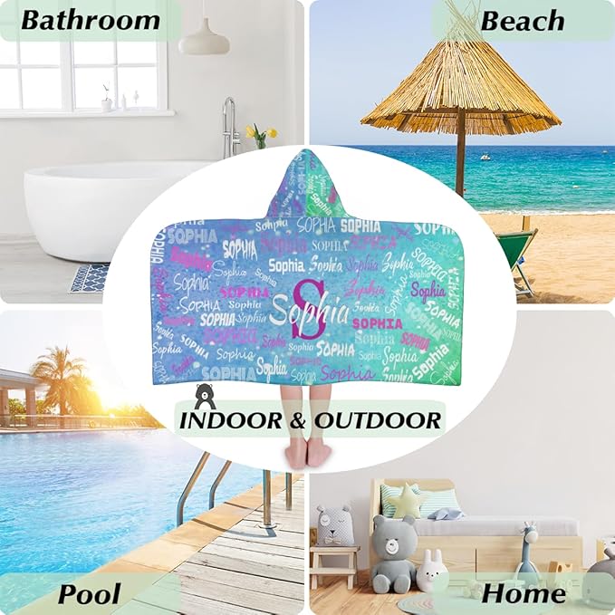 Custom Hooded Bath Beach Towel for Kids, 50"x24" Inch Cotton Soft with Hood for Toddler, Boys, Girls - Wrap/Bathrobe for Pool, Travel, Camping, Swimming, Blue Green Color