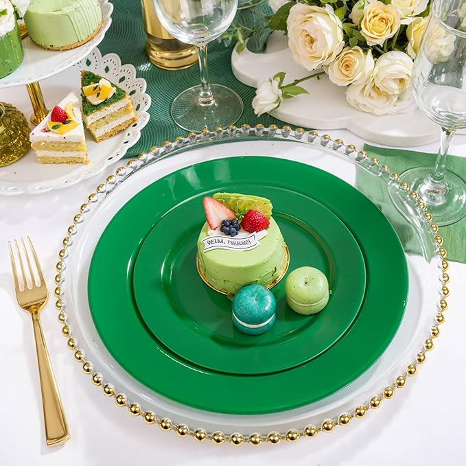 FLOWERCAT 60PCS Green Plates & St. Patrick's Day Plates - Heavy Duty Dark Green plates Disposable for Party&Event- Include 30PCS 10.25" Dinner Plates & 30PCS 7.5" Dessert Plates