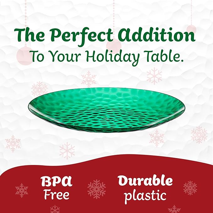 PLASTICPRO 30 Pack Hammered Plastic Plates Heavyweight Disposable Plastic Plates Elegant Green Platsic Party Dishes (Hammered green Christmass, 10'' INCH PLATES)