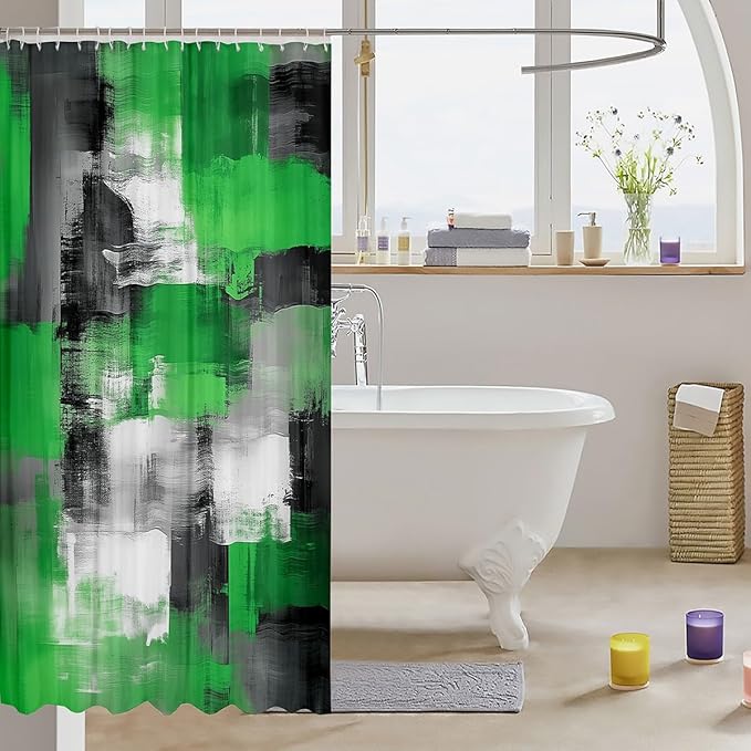 jejeloiu Green Grey Bath Curtain Abstract Shower Curtain for Kids Teens Room Decor Geometric Bathroom Shower Liner 72"x72" Geometric Modern Art Waterproof Soft Lightweight Polyester
