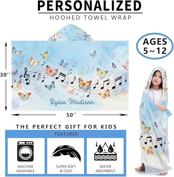Music Notes Butterfly Blue Personalized Hooded Towel Absorbent Wrap Soft Pool Beach Bath Towels Hood Poncho for 5-12 Years Kids Boys Girls
