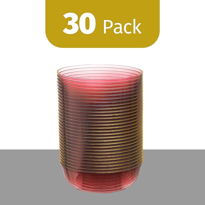 PLASTICPRO Plastic Party Plates Edge Collection Premium heavyweight Elegant Disposable Tableware Dishes (Translucent Pink With Gold Rim, 16 OZ BOWLS)
