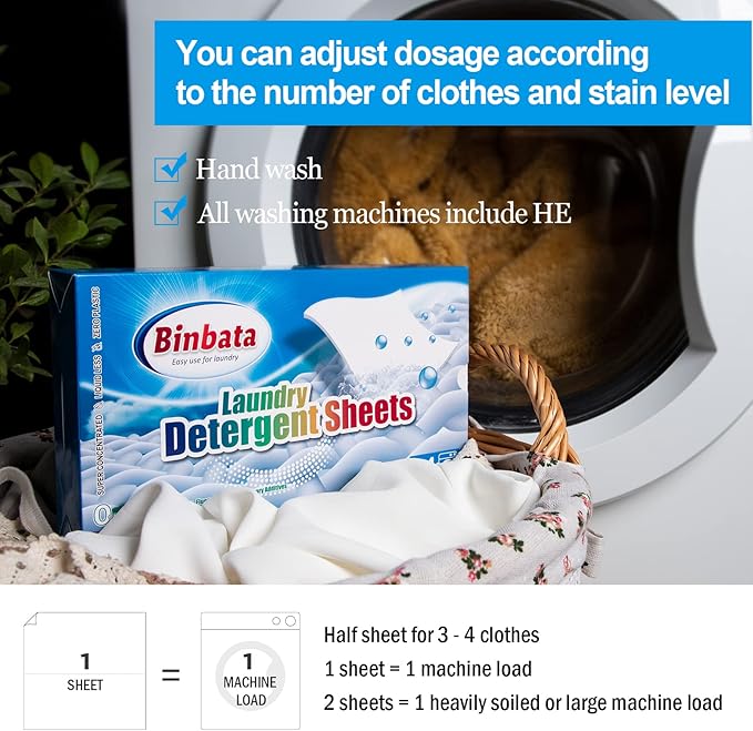 Binbata Laundry Detergent Sheets, Up To 128 Loads Hypoallergenic Eco-Friendly Unscented Biodegradable Plastic Free Liquidless Sheets Suitable for Sensitive Skin