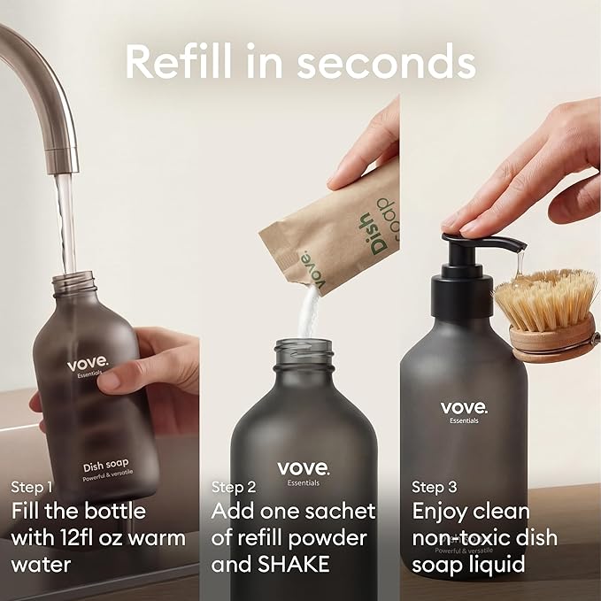 Vove Dish Soap Starter Set with Refillable Glass Pump Bottle & 3 Refills, Bergamot Mint & Basil, Powder-to-Gel Dishwashing Liquid, Plant-Based Concentrated Formula, Plastic-Free Packaging