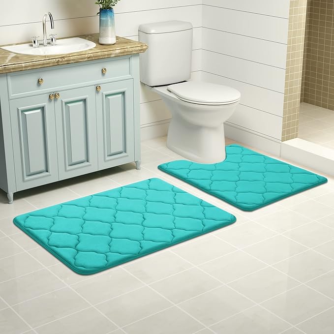 OLANLY Memory Foam Toilet Rugs U-Shaped 24x20, Ultra Soft and Absorbent Bathroom Rugs, Non-Slip, Comfortable, Machine Washable Contour Bath Mat for Toilet Base, Home Decor Accessories, Teal