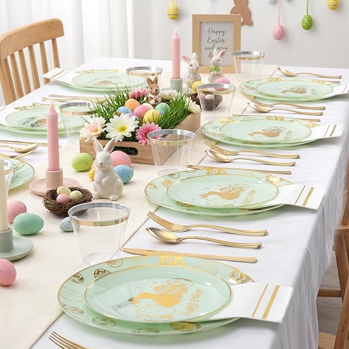 Festiva 175Pcs Easter Plates and Napkins Disposable - Green and Gold Plastic Dinnerware Set for 50 guests include 50 Plates 25Cups 25Plastic Silverware 25Napkins Perfect for Easter Party