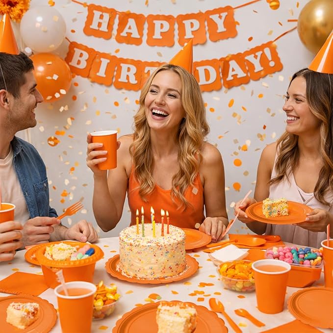 Vyntra 175 Pcs Orange Disposable Paper Plates and Napkins Set for 25, 9" Dinner Plates & 7" Dessert Plates, Tableware for Halloween, Fall Party, Birthday, Picnic