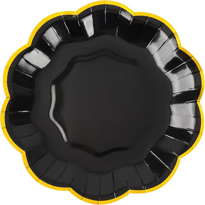 AimFun 48 Pcs Graduation Black and Gold Scalloped Paper Plates 7 Inch Disposable Dessert Plates with Gold Foil Elegant Cake Plate for Wedding Birthday Baby Shower Party Supplies