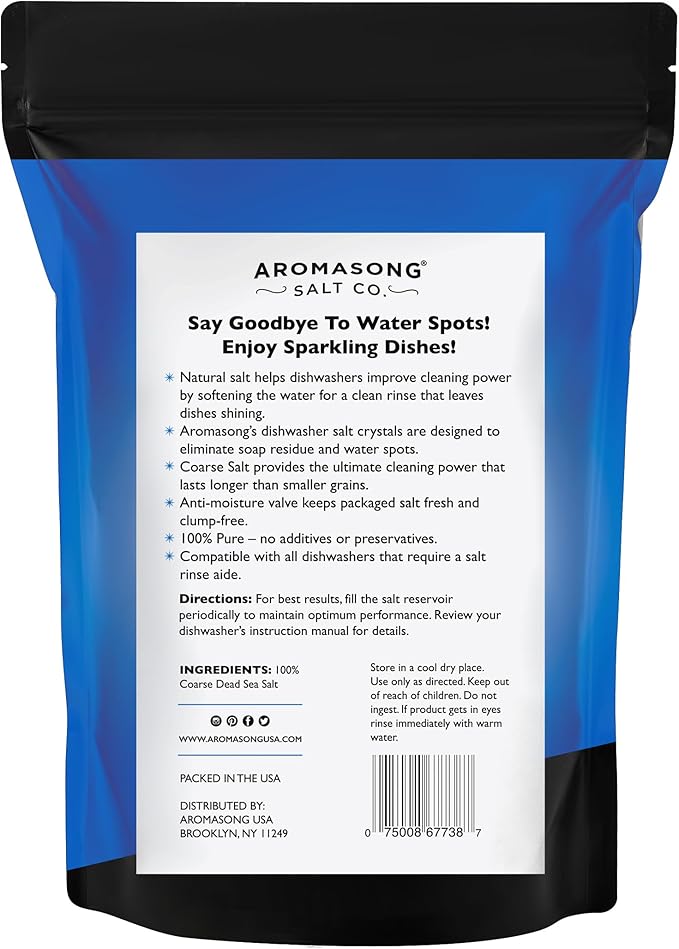 Aromasong Dishwasher Salt 15 LB - 100% Natural Water Softening Agent Compatible with Bosch, Miele, Whirlpool, Thermador, and More... for Cleaner Dishes & Washer Reactivation. (packaging may vary)