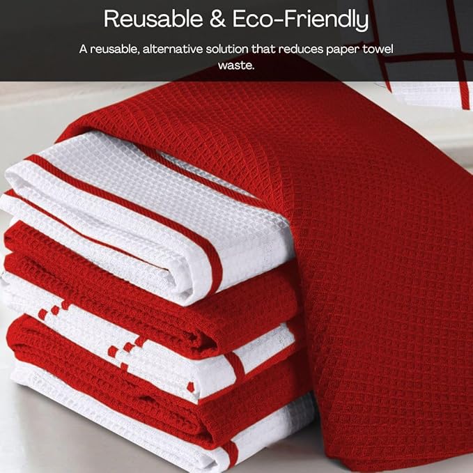 Assorted Waffle Kitchen Dish Towels Cotton Set of 6, Soft Absorbent Quick Drying Table and Kitchen Linen, Tea Towels and Cleaning Towels with Hanging Loop, Dish Towels 15x25 Red