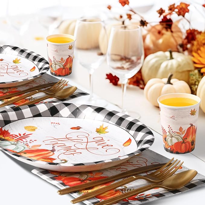 Havawish 350 Pcs Fall Thanksgiving Party Supplies Give Thanks Tableware Set Black White Buffalo Plaids Pumpkin Disposable Oval Plates Cups Napkins Fork Knife Spoon Dinnerware for Autumn Table Decor